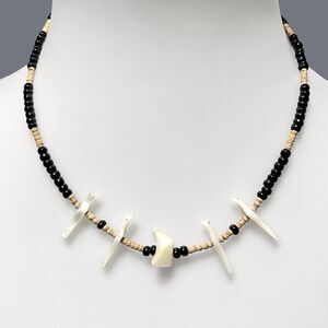 Vtg Fetish Style Necklace Mother of Pearl Shell Birds Wooden Glass Seed Beads
